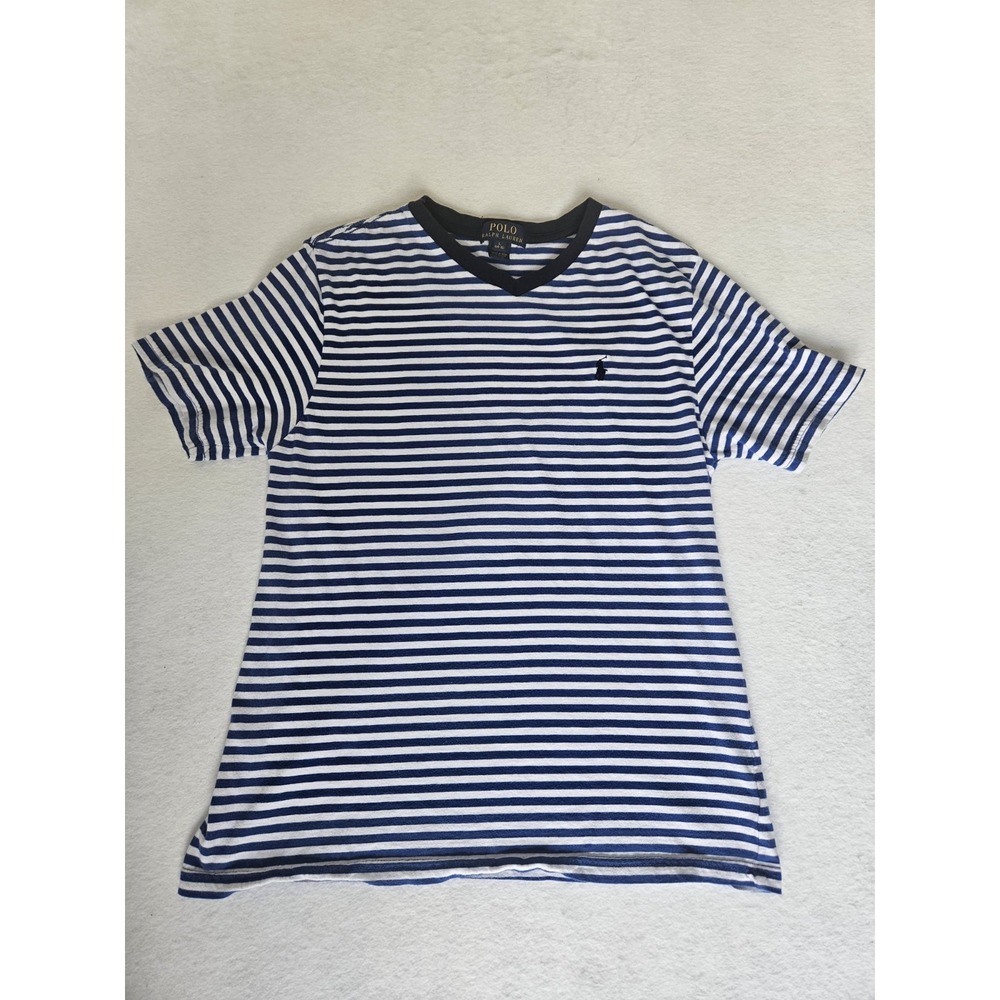 Polo Ralph Lauren Boys Large 14-16 V-Neck T-Shirt Blue White Striped Pony SS